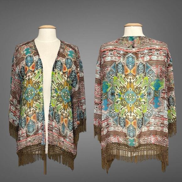 Entro Womens Top M Colorful‎ Kimono Open Fringe Boho Hippie Tribal Aztec Cowgirl - Picture 1 of 15
